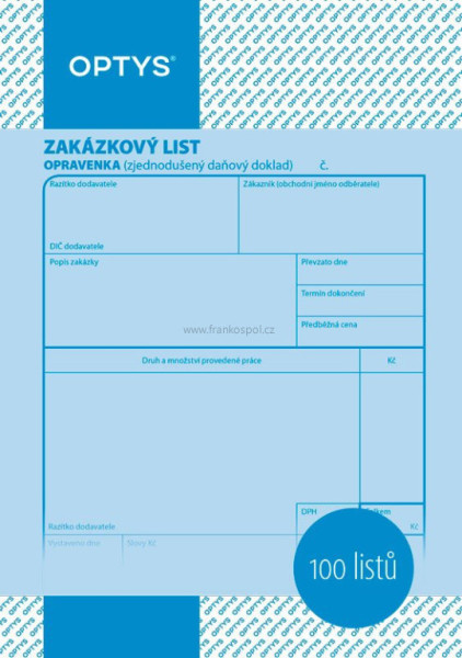 Zakázkový list - opravenka, A5, 100 listů