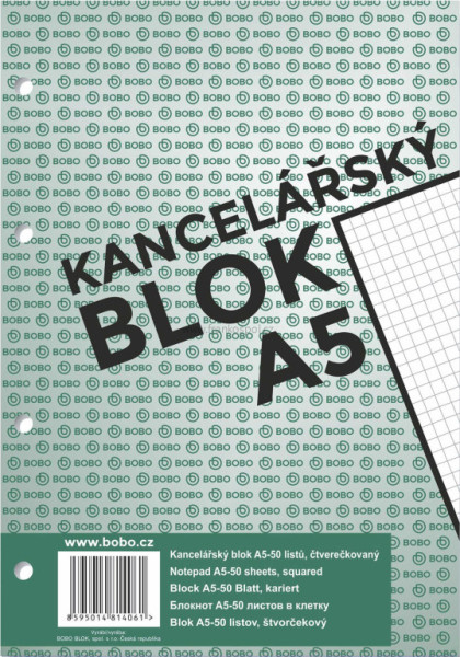 Kancelářský blok BOBO s děrováním, A5, čtverečkovaný