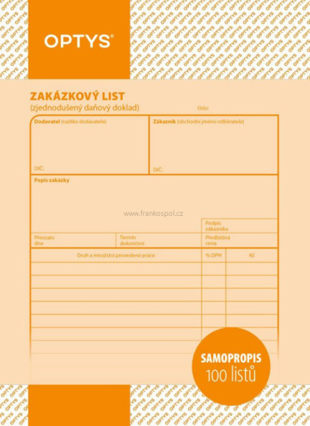 Zakázkový list, A5, samopropisovací, 100 listů