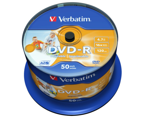 DVD-R Verbatim AZO Wide Inkjet Printable 4.7GB 16x, cake box 50 ks