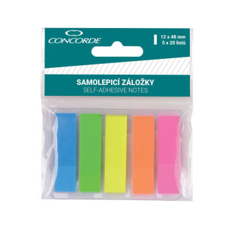 Samolepící plastové záložky CONCORDE, 12 x 48 mm, 5 x 20 lístků, neonový mix