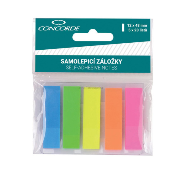 Samolepící plastové záložky CONCORDE, 12 x 48 mm, 5 x 20 lístků, neonový mix