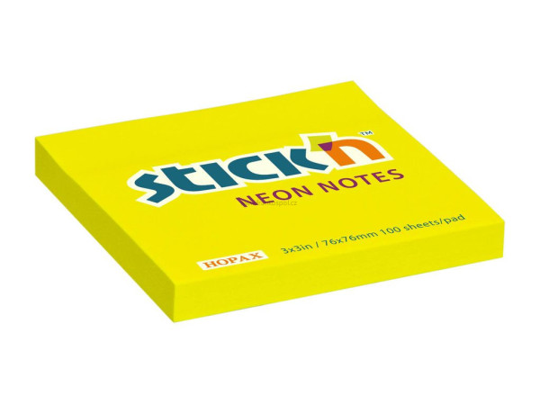 Samolepicí bloček Stick'n by Hopax Neon, 76 x 76 mm, 100 lístků, žlutý