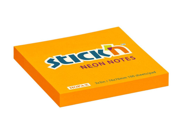 Samolepicí bloček Stick'n by Hopax Neon, 76 x 76 mm, 100 lístků, oranžový