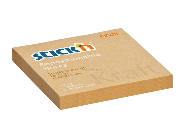 Samolepicí bloček Stick'n by HOPAX Kraft, 76 x 76 mm, 100 lístků, hnědý