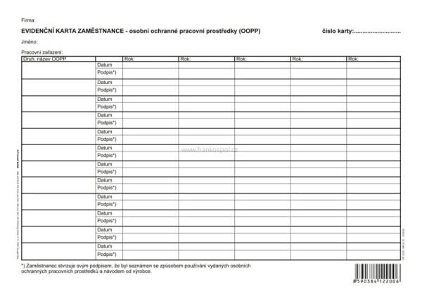 Evidenční karta zaměstnance OOPP, A4