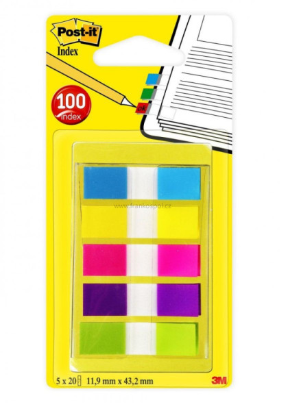 Samolepicí plastové záložky 3M Post-it Index, 43,2 x 11,9 mm, 5 x 20 lístků, neonový mix