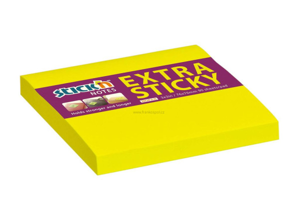 Samolepicí bloček Stick'n by HOPAX Extra Sticky, 76 x 76 mm, 90 lístků, neon žlutý