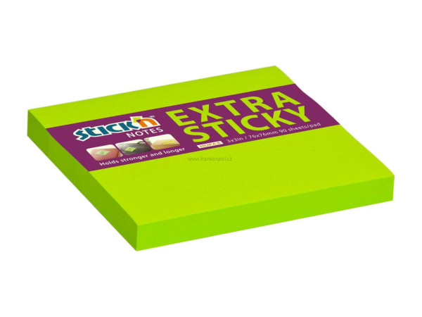 Samolepicí bloček Stick'n by HOPAX Extra Sticky, 76 x 76 mm, 90 lístků, neon zelený