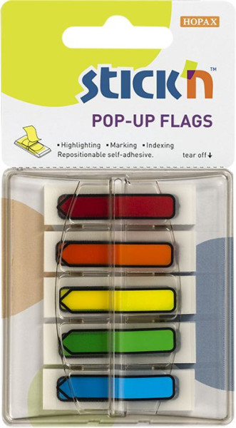 Samolepicí plastové záložky Stick'n by Hopax Pop-Up šipky, 45 x 12 mm, 5 x 30 lístků, neonový mix