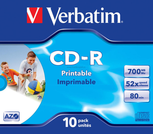 CD-R Verbatim AZO Wide Inkjet Printable 700MB 52x, jewel box 1 ks