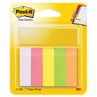 Samolepicí papírové záložky 3M Post-it, 50 x 15 mm, 5 x 100 lístků, neonový mix