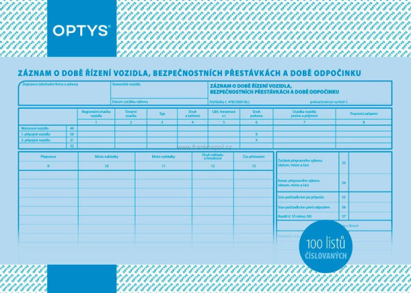 Záznam o době řízení vozidla a bezpeč. přestávkách, A4, číslovaný, 100 listů