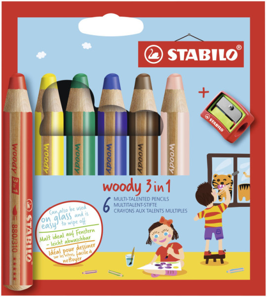 Pastelky STABILO Woody 3v1, 6 sada s ořezávátkem