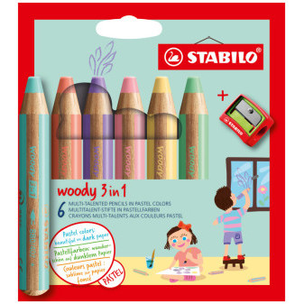 Pastelky STABILO Woody 3v1, 6 sada Pastel s ořezávátkem