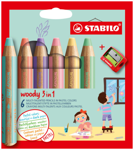 Pastelky STABILO Woody 3v1, 6 sada Pastel s ořezávátkem