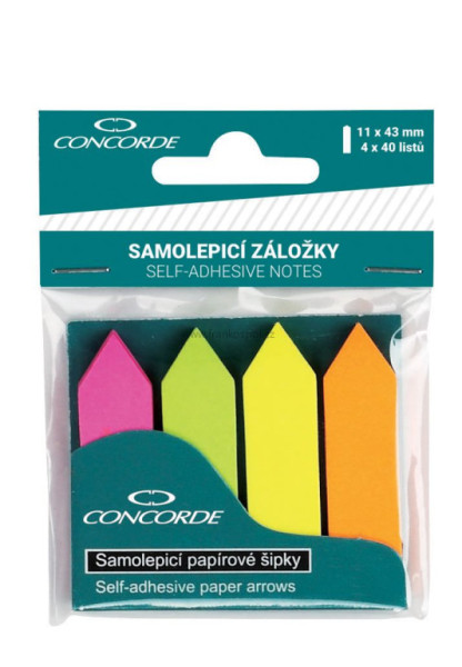 Samolepící papírové záložky CONCORDE šipky, 11 x 43 mm, 4 x 40 lístků, neonový mix