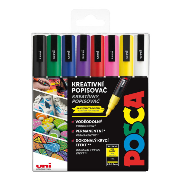 Akrylový popisovač UNI POSCA PC-3M, základní barvy, sada 8 ks