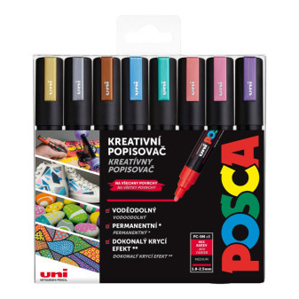 Akrylový popisovač UNI POSCA PC-5M, metalické barvy, sada 8 ks