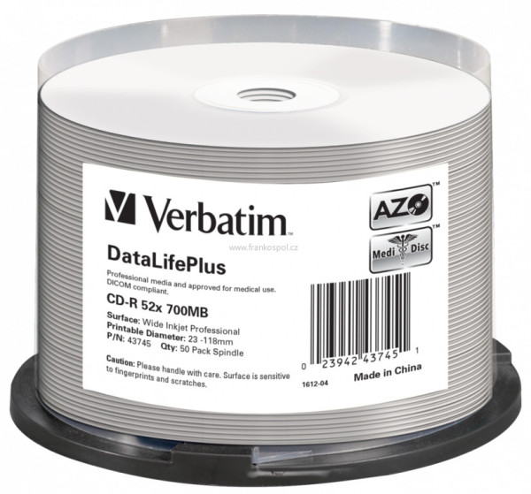 CD-R Verbatim DataLifePlus Wide Inkjet Printable 700MB 52x, cake box 50 ks