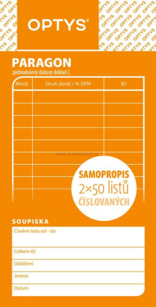 Obchodní paragon, samopropisovací číslovaný, 2 x 50 listů