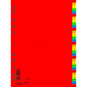 Rozdružovač DONAU A4, PP, číselný 1-31, mix barev