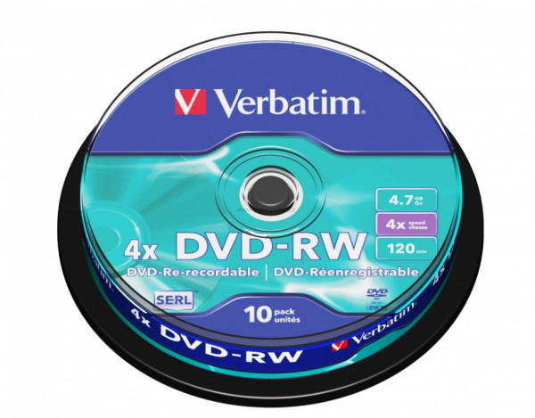 DVD-RW Verbatim SERL Matt Silver 4.7GB 4x, cake box 10 ks