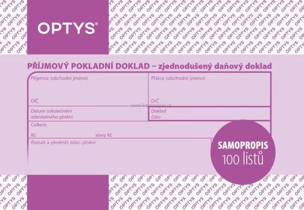 Příjmový doklad A6, zjedn. d. d., samopropisovací, 100 listů