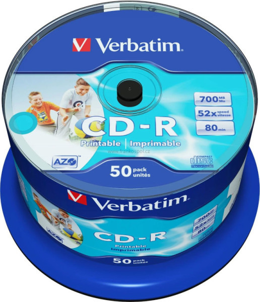 CD-R Verbatim AZO Wide Inkjet Printable 700MB 52x, cake box 50 ks