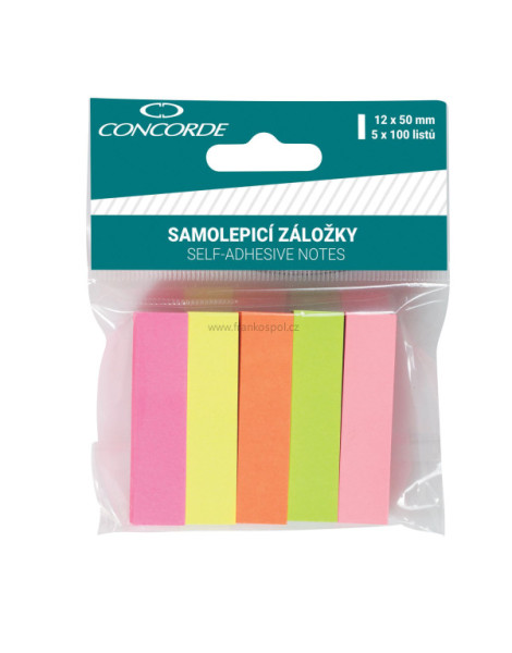 Samolepící papírové záložky CONCORDE, 12 x 50 mm, 5 x 100 lístků, neonový mix