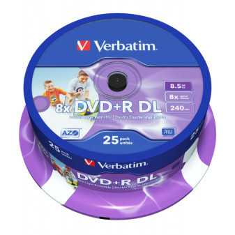 DVD+R Verbatim AZO Double Layer Wide Inkjet Printable 8.5GB 8x, cake box 25 ks