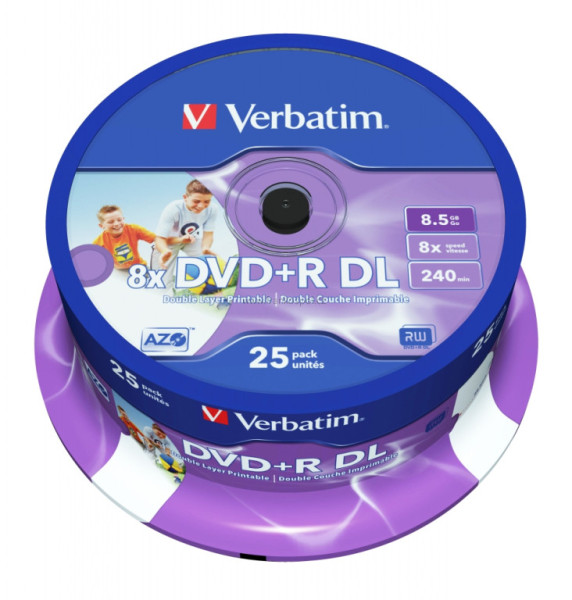 DVD+R Verbatim AZO Double Layer Wide Inkjet Printable 8.5GB 8x, cake box 25 ks