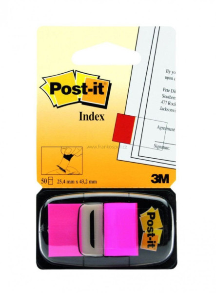 Samolepicí plastové záložky 3M Post-it Index, 43,2 x 25,4 mm, 50 lístků, růžové